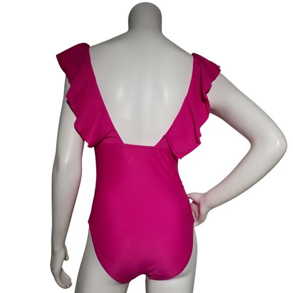 J Crew Womens Ruched Ruffle One Piece Swimsuit Size 4 Pink Vneck Open Back - Picture 4 of 8